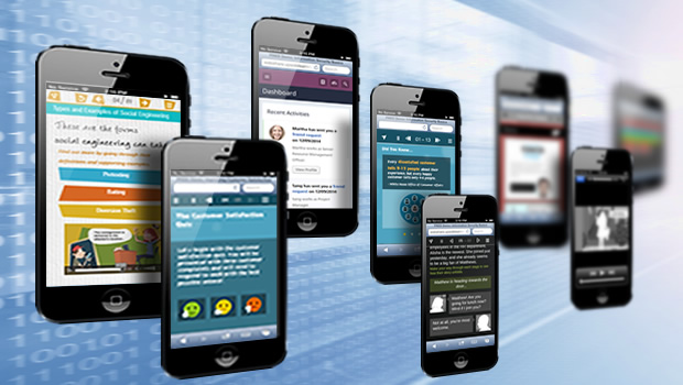 Banner showing mobile learning trends from mLearnCon, with learners engaging using smartphones and tablets for experiences.