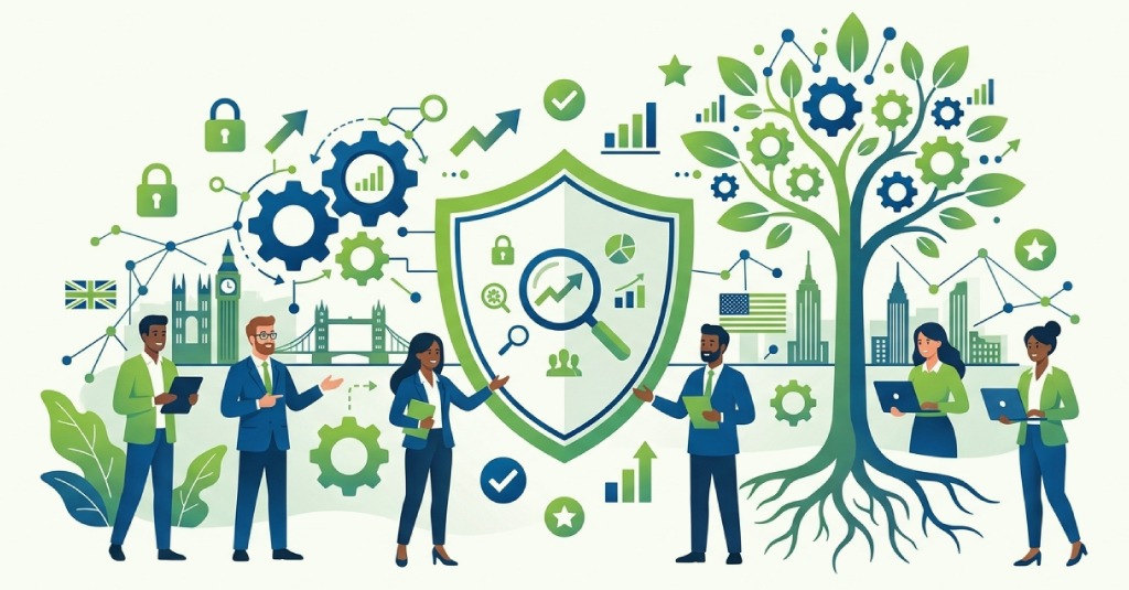 Comparison infographic showing UK and US compliance training for employees regulatory requirements including HSE, FCA, OSHA, and HIPAA