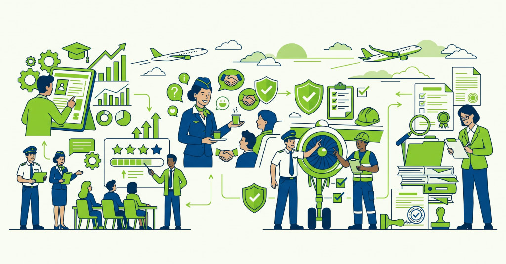 Diagram showing an integrated employee upskilling approach combining safety, service, and compliance training for airline frontline teams