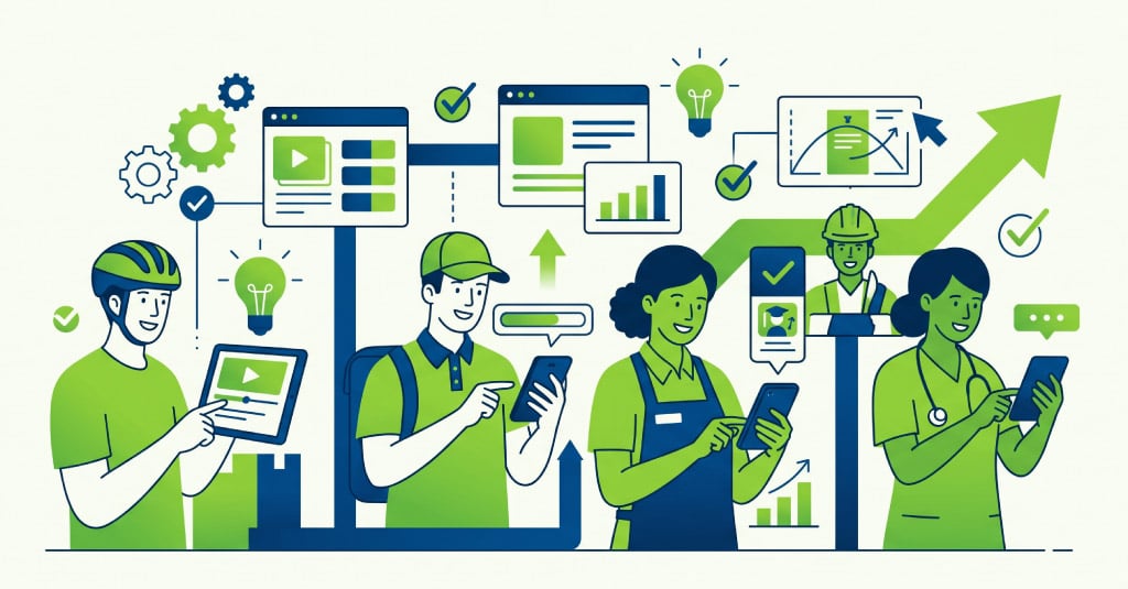 Frontline employees using mobile learning solutions and microlearning training modules on smartphones